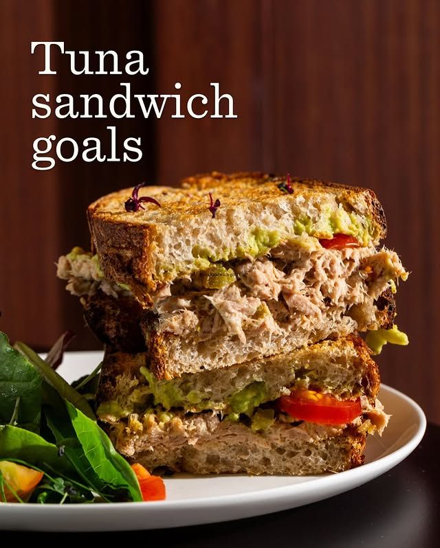 Tuna Sandwich - fresh tuna salad with avocado slices on homemade sourdough bread