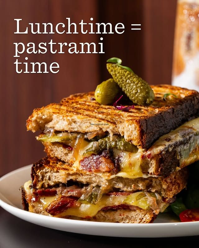 Pastrami Sandwich - grilled sandwich with melted cheese and pickles, our lunchtime favorite